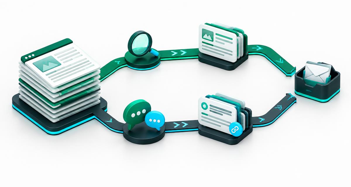 23SEOGEO SEO and GEO workflow illustration: a shared website supplies search and answer paths leading toward an inquiry inbox